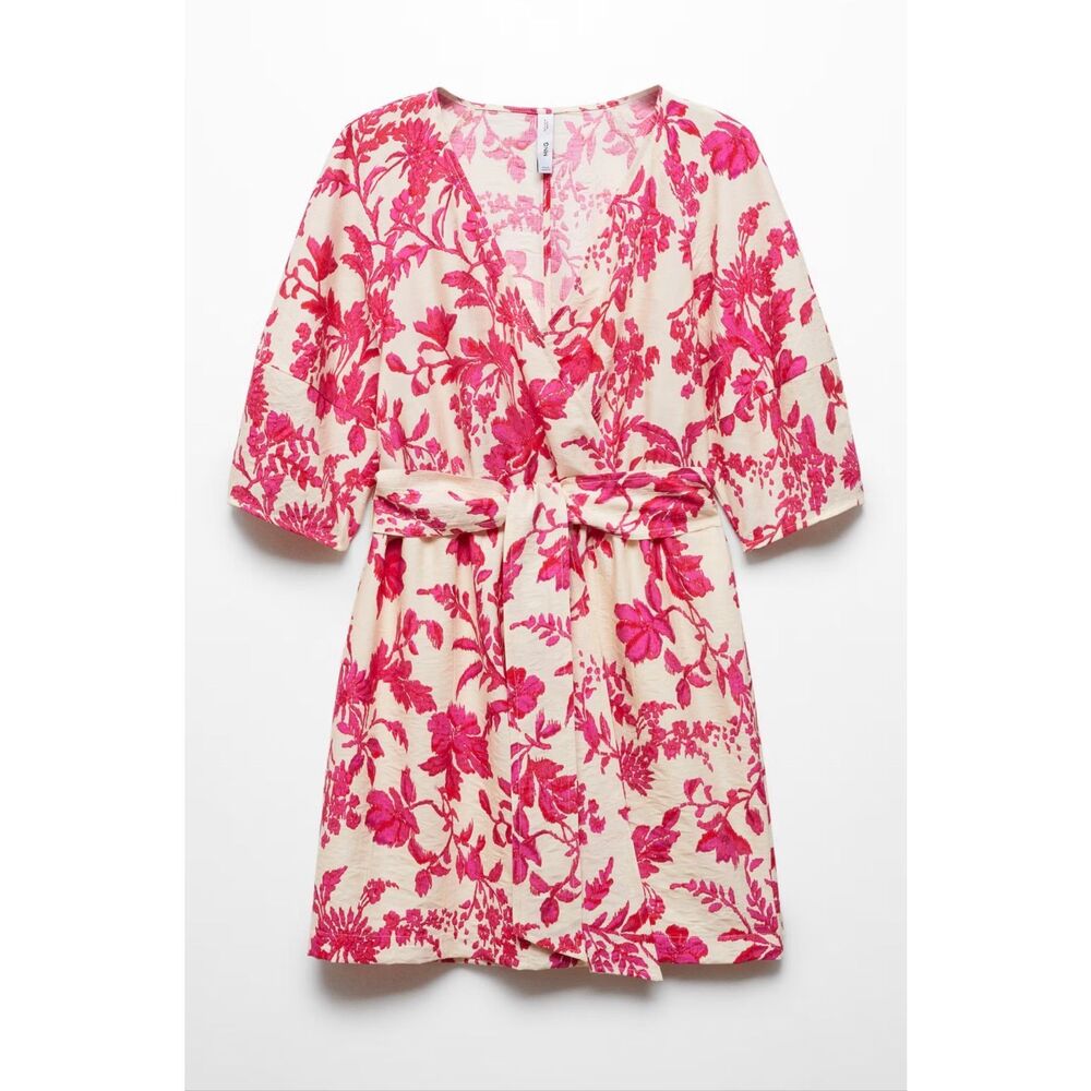 Mango Floral Wrap Dress 6 Pink Botanical Print Belted Mini Dress Garden Party